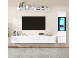 Conjunto de móvel de TV 3 peças - Móvel de TV + vitrina de parede + prateleira de parede - con iluminação LED - Branco