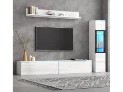 Conjunto de móvel de TV 3 peças - Móvel de TV + vitrina de parede + prateleira de parede - con iluminação LED - Branco