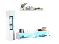 Conjunto de móvel de TV 3 peças - Móvel de TV + vitrina de parede + prateleira de parede - con iluminação LED - Branco