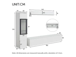 Conjunto de móvel de TV 3 peças - Móvel de TV + vitrina de parede + prateleira de parede - con iluminação LED - Branco