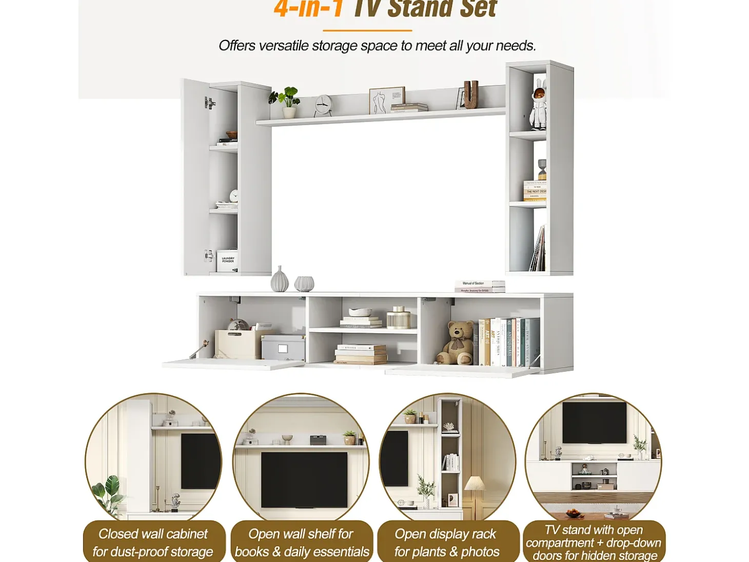 Conjunto de móvel para TV 4 peças - móvel para TV + 2 móveis de parede + prateleira de parede - 1 porta e 2 portas basculantes - branco
