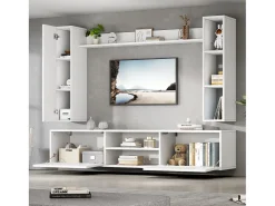 Conjunto de móvel para TV 4 peças - móvel para TV + 2 móveis de parede + prateleira de parede - 1 porta e 2 portas basculantes - branco