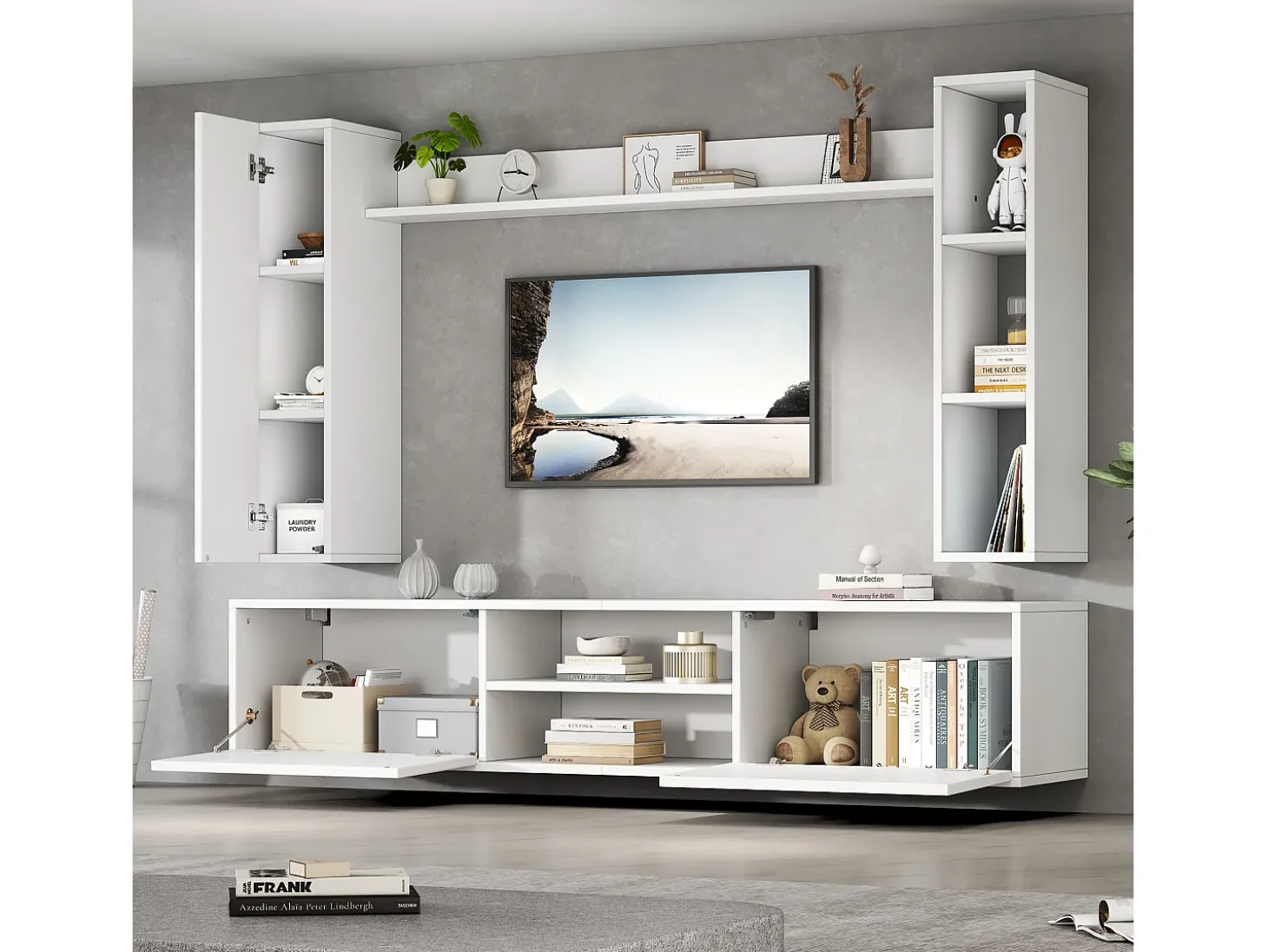 Conjunto de móvel para TV 4 peças - móvel para TV + 2 móveis de parede + prateleira de parede - 1 porta e 2 portas basculantes - branco