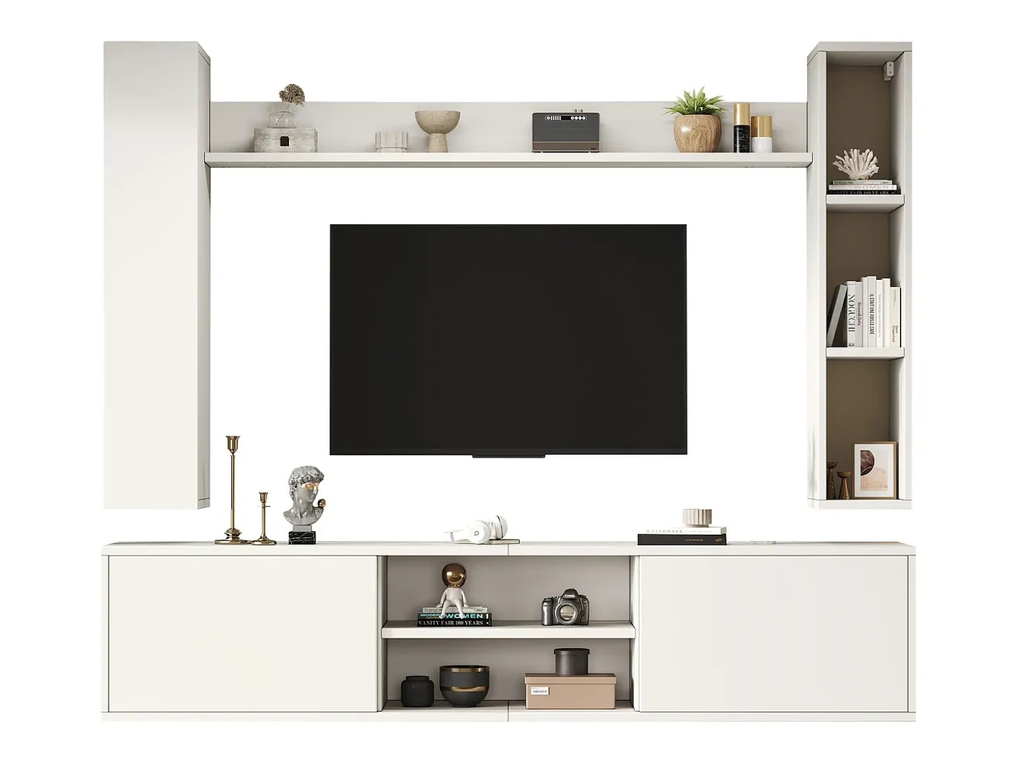 Conjunto de móvel para TV 4 peças - móvel para TV + 2 móveis de parede + prateleira de parede - 1 porta e 2 portas basculantes - branco