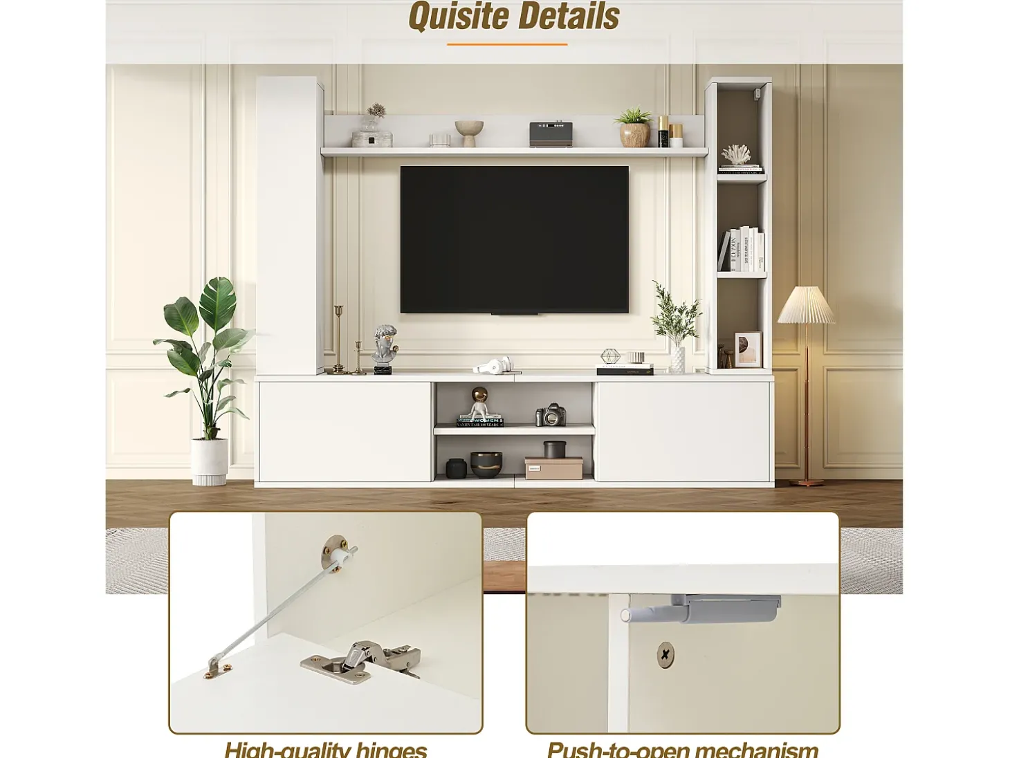 Conjunto de móvel para TV 4 peças - móvel para TV + 2 móveis de parede + prateleira de parede - 1 porta e 2 portas basculantes - branco