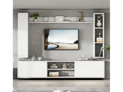 Conjunto de móvel para TV 4 peças - móvel para TV + 2 móveis de parede + prateleira de parede - 1 porta e 2 portas basculantes - branco
