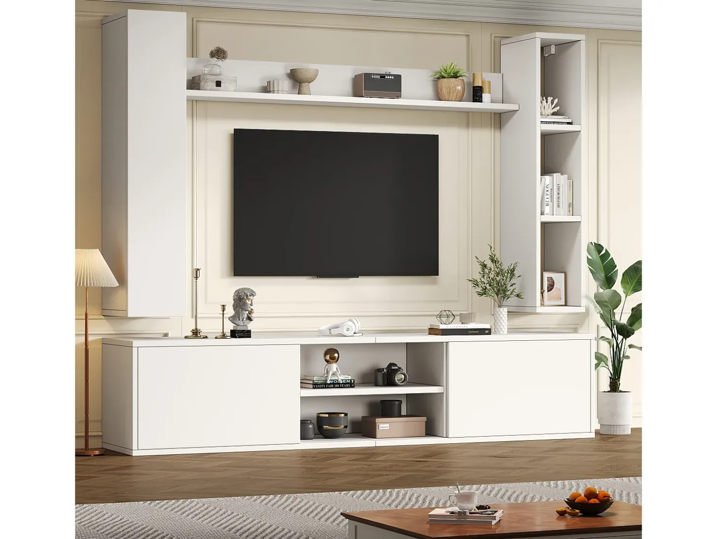 Conjunto de móvel para TV 4 peças - móvel para TV + 2 móveis de parede + prateleira de parede - 1 porta e 2 portas basculantes - branco