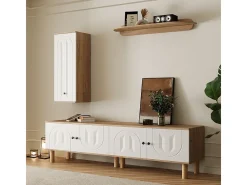 Conjunto de móvel para TV com Vitrine e prateleiras de parede - Placa de partículas + MDF - Branco