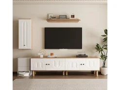 Conjunto de móvel para TV com Vitrine e prateleiras de parede - Placa de partículas + MDF - Branco
