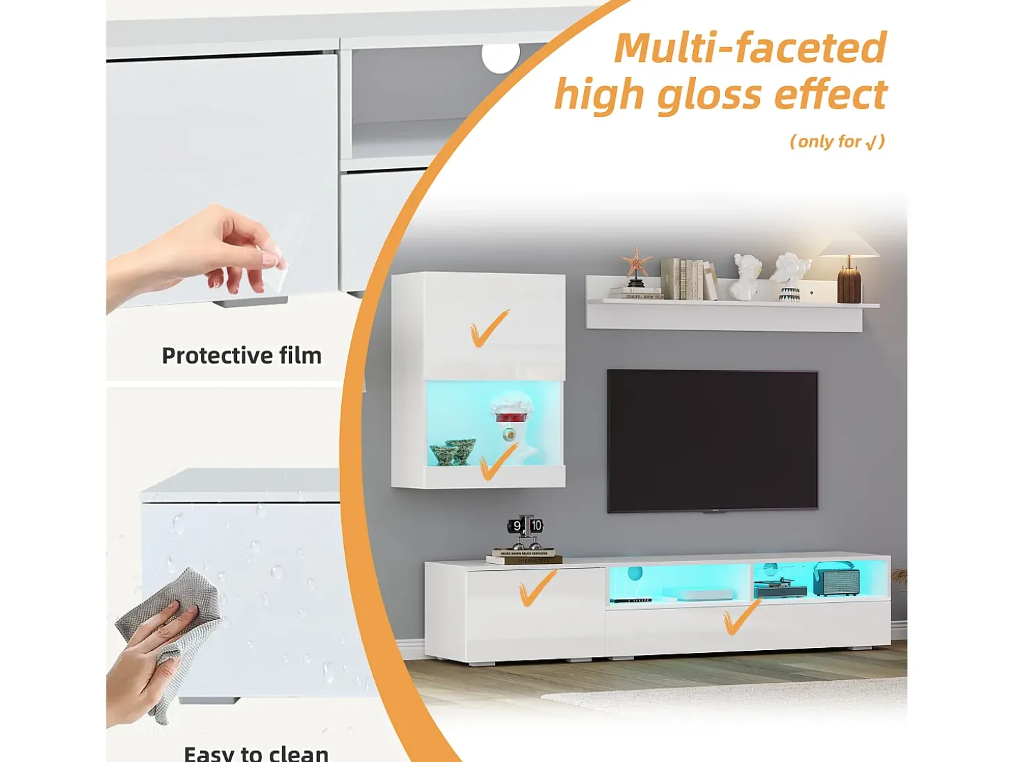 Conjunto de móvel para TV 3 peças - móvel para TV + móvel de parede + prateleira de parede - com iluminação LED e acabamento brilhante - branco