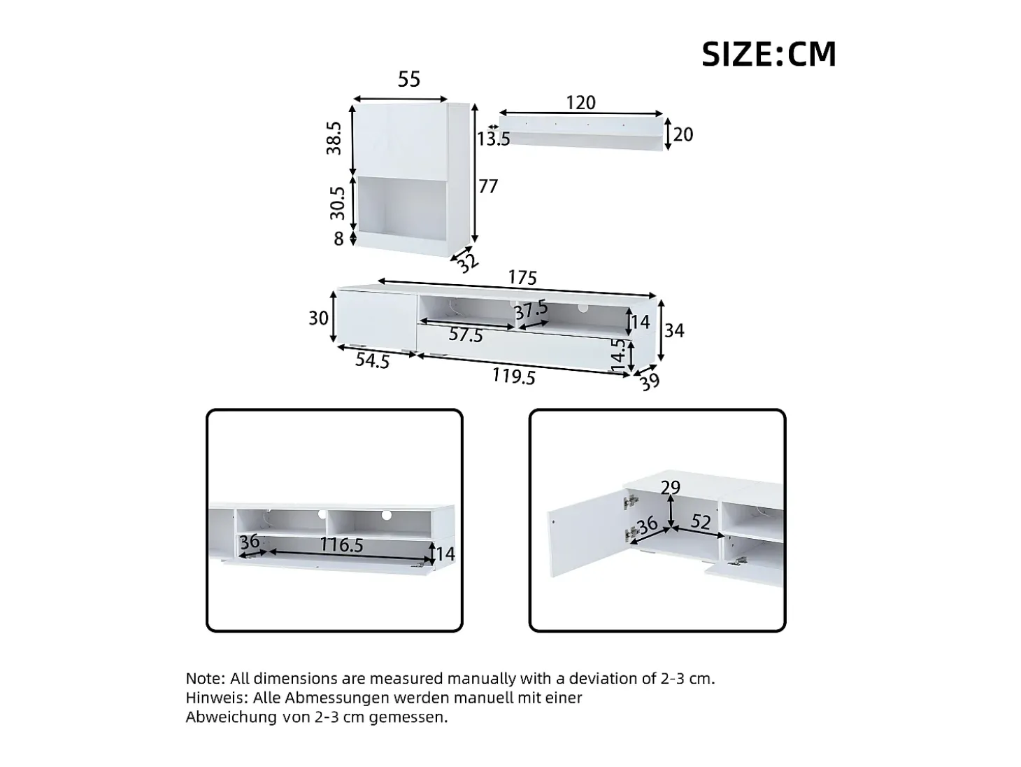 Conjunto de móvel para TV 3 peças - móvel para TV + móvel de parede + prateleira de parede - com iluminação LED e acabamento brilhante - branco