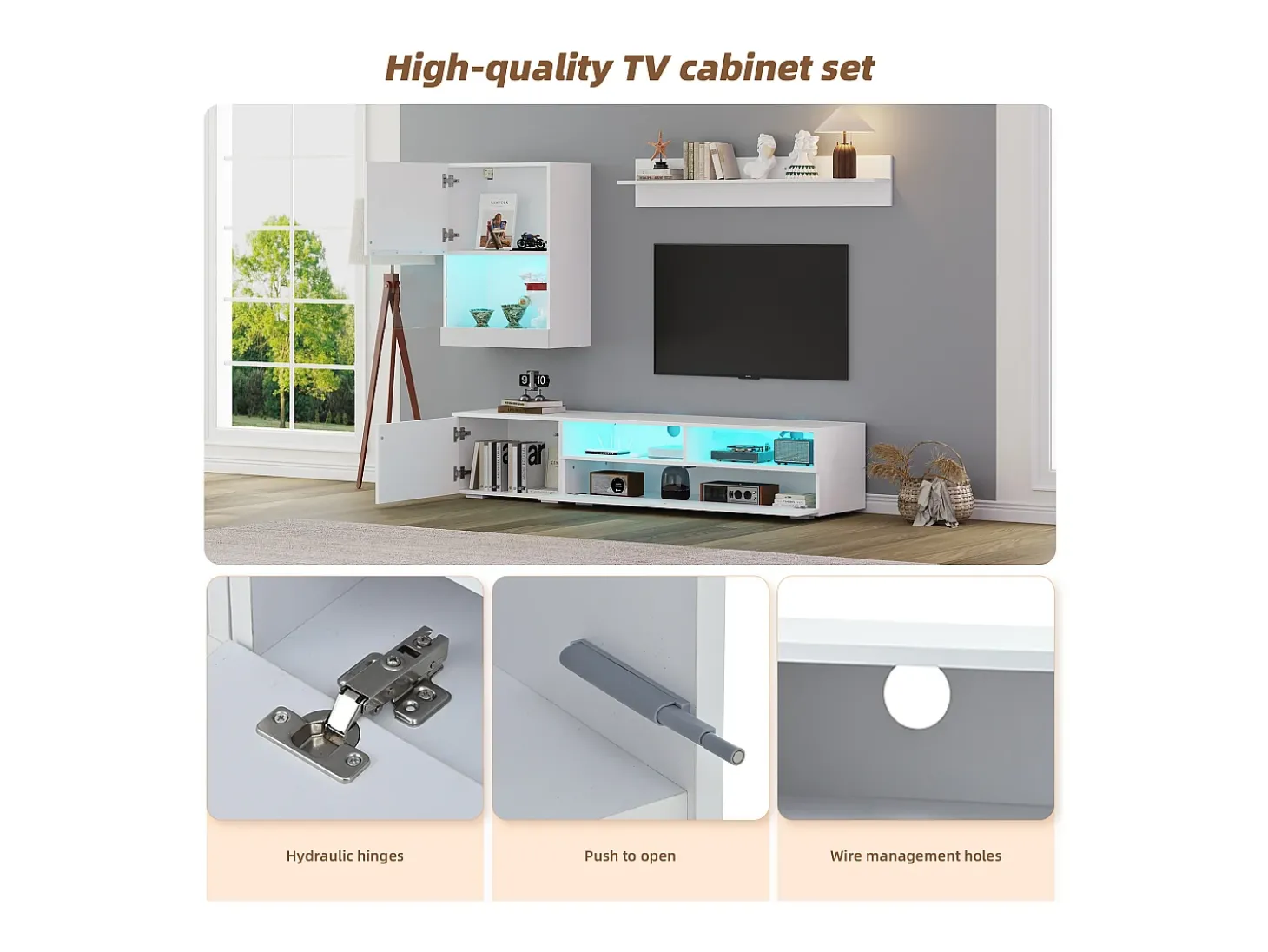 Conjunto de móvel para TV 3 peças - móvel para TV + móvel de parede + prateleira de parede - com iluminação LED e acabamento brilhante - branco