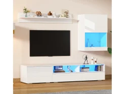 Conjunto de móvel para TV 3 peças - móvel para TV + móvel de parede + prateleira de parede - com iluminação LED e acabamento brilhante - branco