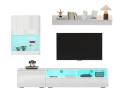 Conjunto de móvel para TV 3 peças - móvel para TV + móvel de parede + prateleira de parede - com iluminação LED e acabamento brilhante - branco
