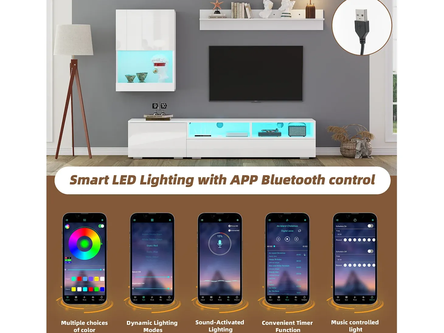 Conjunto de móvel para TV 3 peças - móvel para TV + móvel de parede + prateleira de parede - com iluminação LED e acabamento brilhante - branco