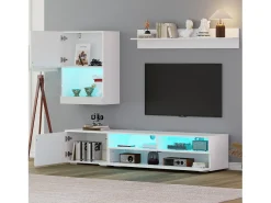 Conjunto de móvel para TV 3 peças - móvel para TV + móvel de parede + prateleira de parede - com iluminação LED e acabamento brilhante - branco