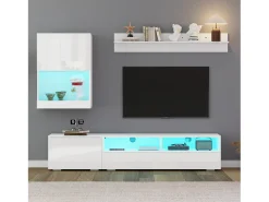 Conjunto de móvel para TV 3 peças - móvel para TV + móvel de parede + prateleira de parede - com iluminação LED e acabamento brilhante - branco