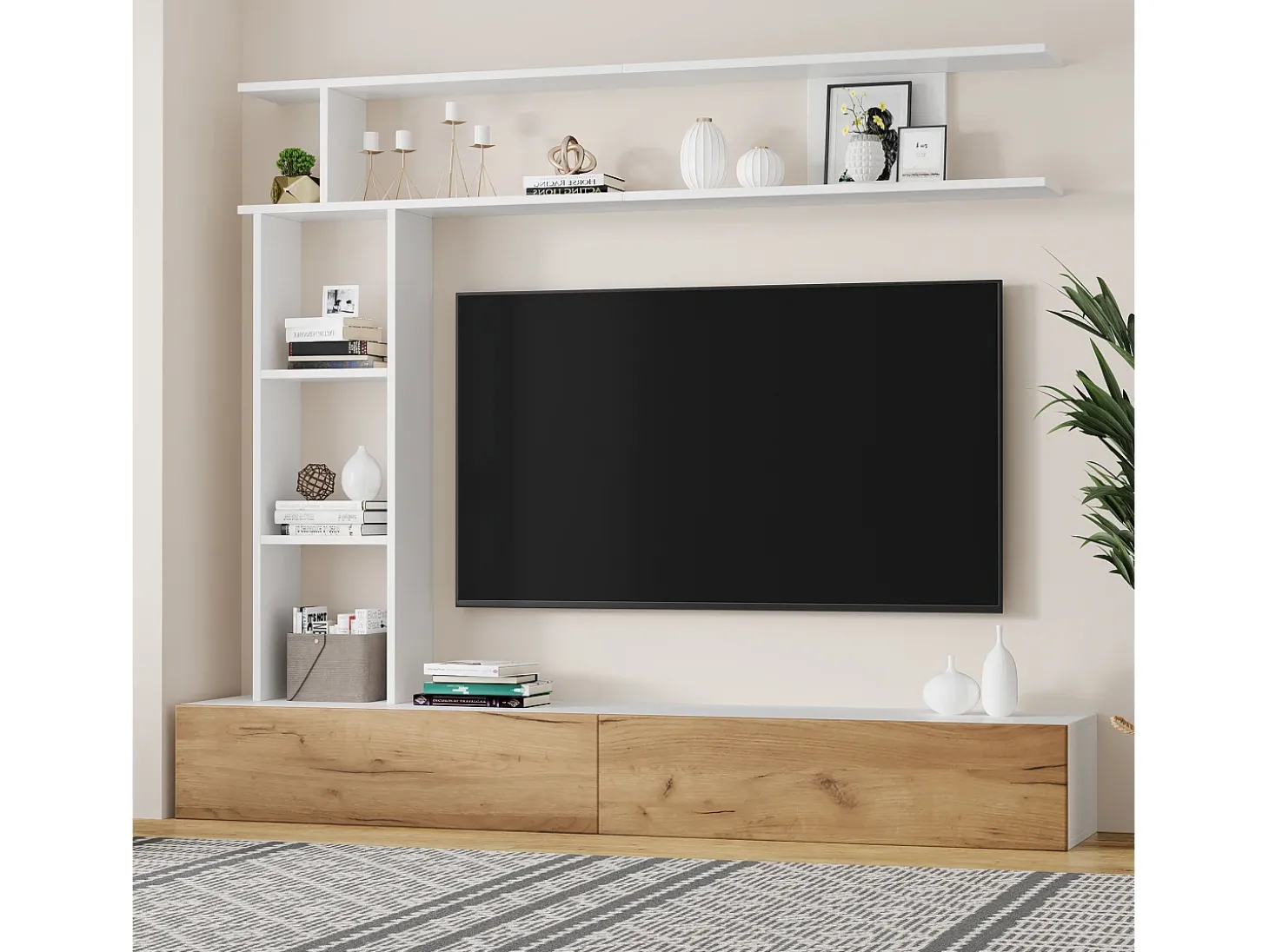 Conjunto de móvel para TV 3 peças – móvel para TV + prateleira vertical + prateleira de parede – 2 portas basculantes - branco e natural