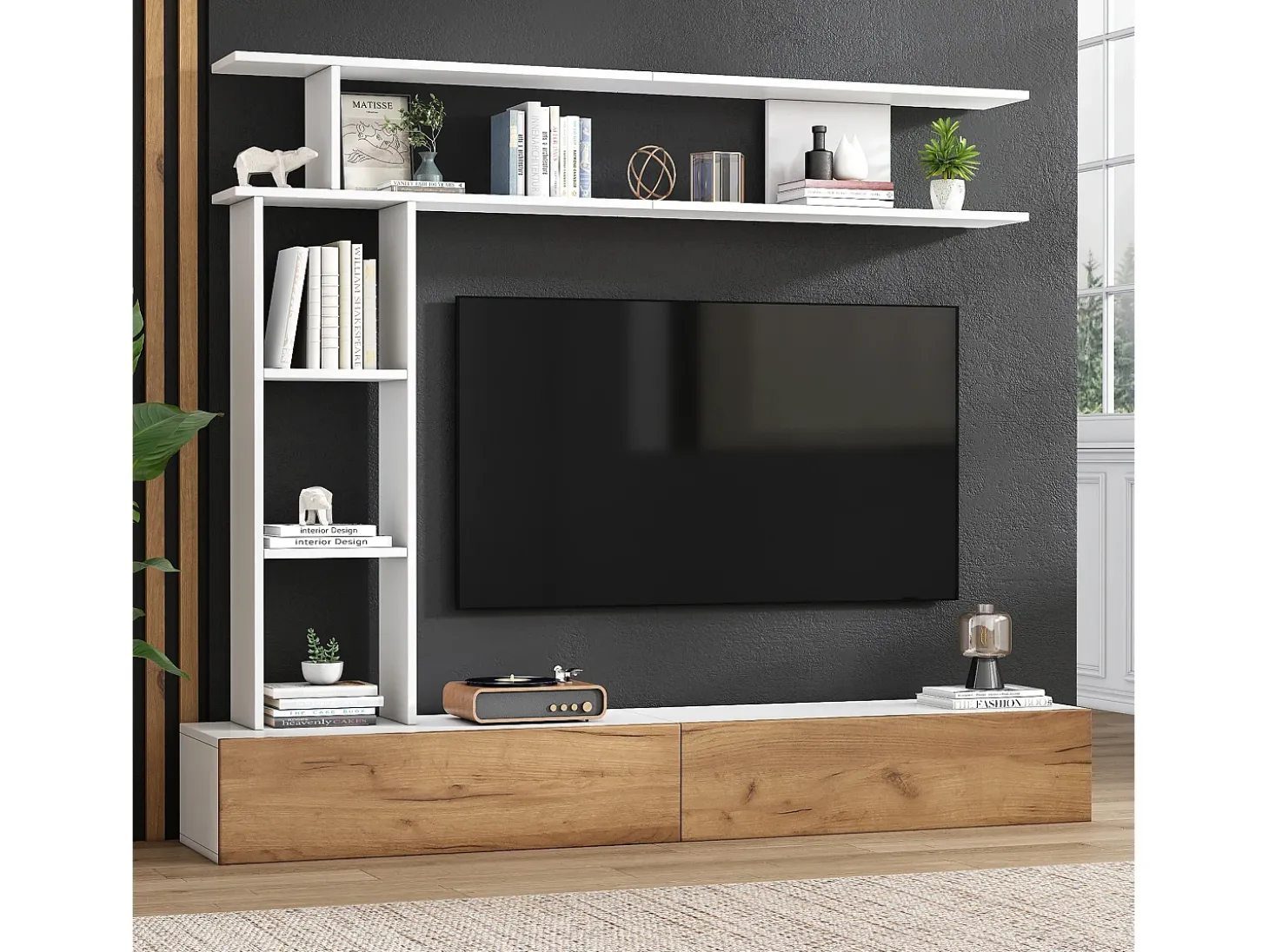 Conjunto de móvel para TV 3 peças – móvel para TV + prateleira vertical + prateleira de parede – 2 portas basculantes - branco e natural