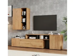 Conjunto de móvel para TV 2 peças - móvel para TV ajustável + móvel de parede - 4 portas - prateleiras abertas - natural+preto