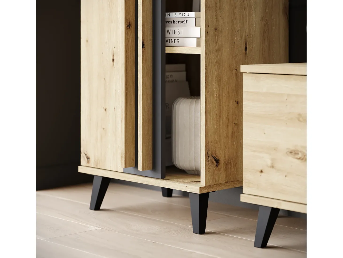 Conjunto de sala 180 cm sobre pés – conjunto de TV moderno com estantes e prateleira, carvalho artisan, preto mate