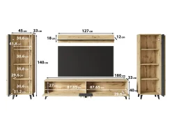 Conjunto de sala 180 cm sobre pés – conjunto de TV moderno com estantes e prateleira, carvalho artisan, preto mate