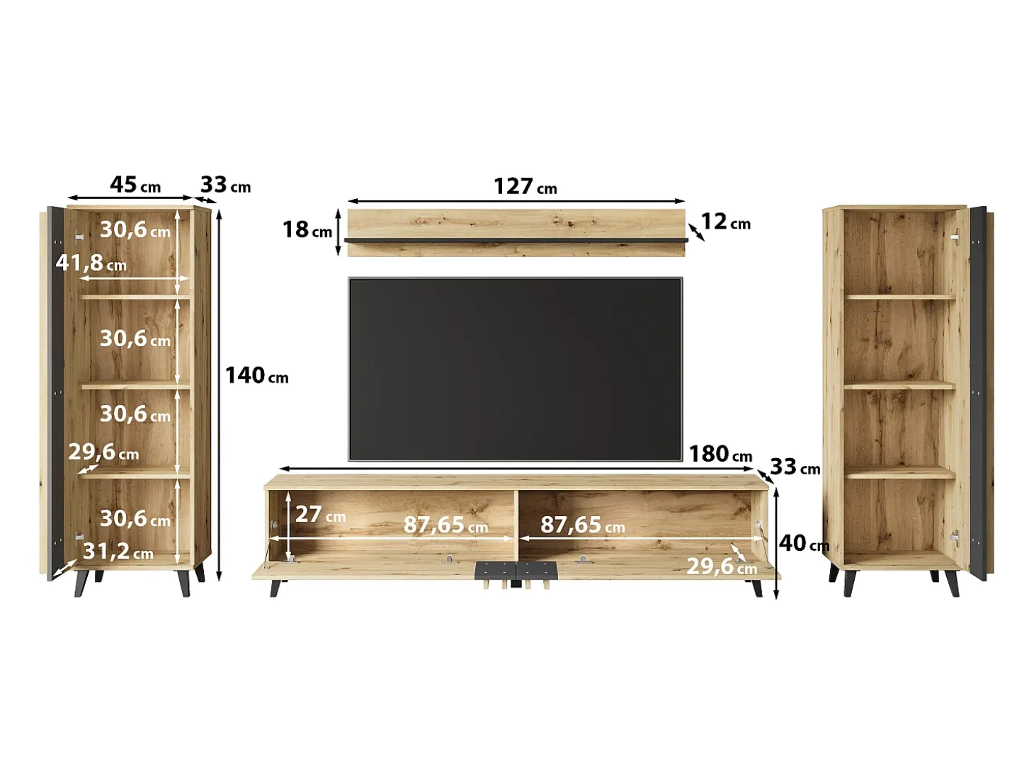 Conjunto de sala 180 cm sobre pés – conjunto de TV moderno com estantes e prateleira, carvalho artisan, preto mate
