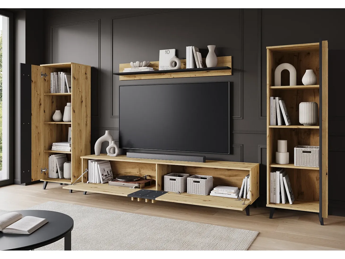 Conjunto de sala 180 cm sobre pés – conjunto de TV moderno com estantes e prateleira, carvalho artisan, preto mate