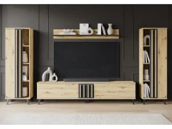 Conjunto de sala 180 cm sobre pés – conjunto de TV moderno com estantes e prateleira, carvalho artisan, preto mate