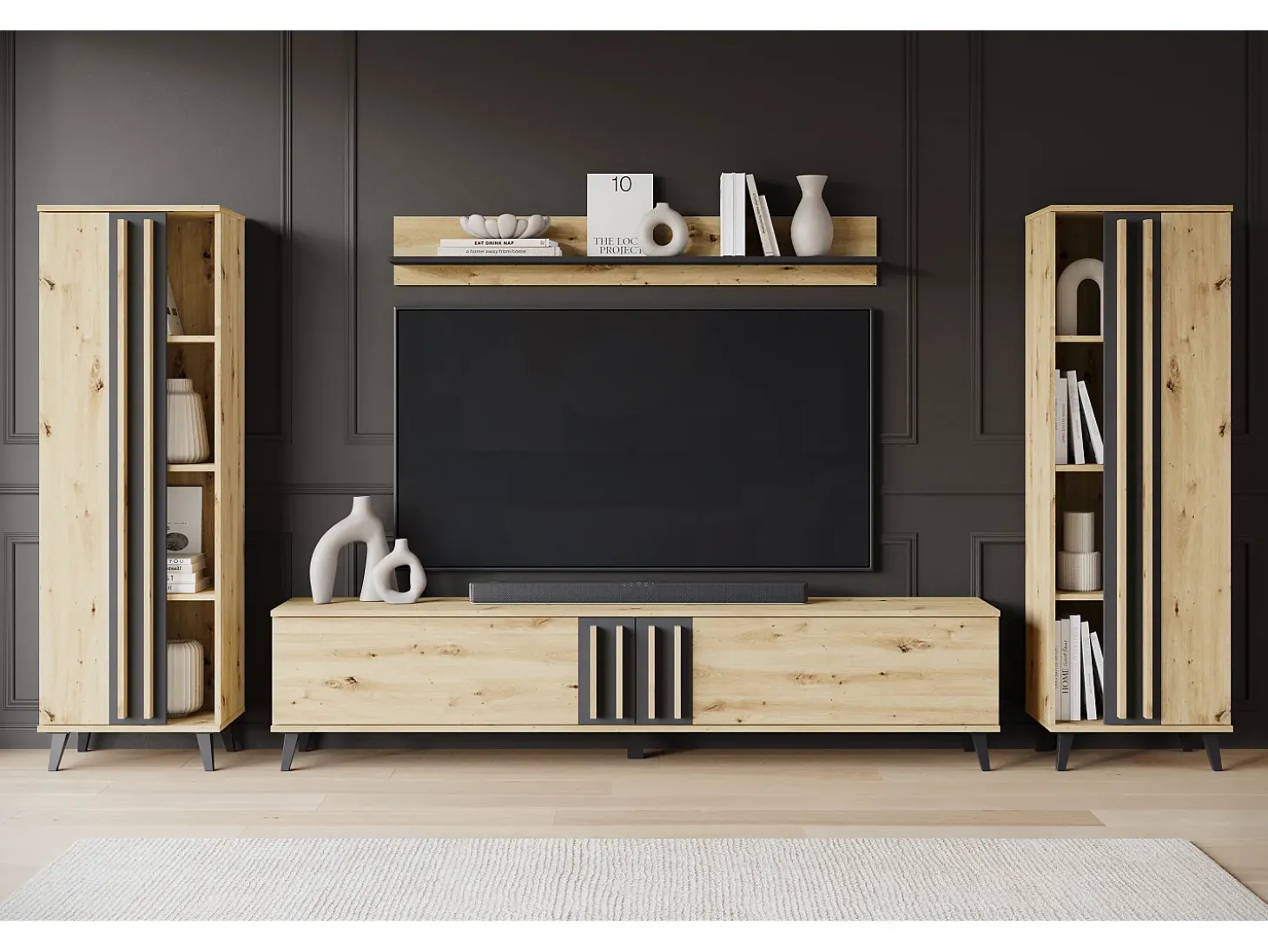 Conjunto de sala 180 cm sobre pés – conjunto de TV moderno com estantes e prateleira, carvalho artisan, preto mate