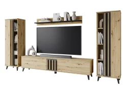 Conjunto de sala 180 cm sobre pés – conjunto de TV moderno com estantes e prateleira, carvalho artisan, preto mate