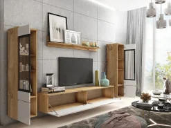 Conjunto de sala com LED 4 elementos – móvel de TV 180 cm, 2 vitrinas e prateleira, de chão ou suspenso, corpo carvalho Wotan, frentes branco brilho