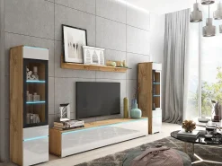 Conjunto de sala com LED 4 elementos – móvel de TV 180 cm, 2 vitrinas e prateleira, de chão ou suspenso, corpo carvalho Wotan, frentes branco brilho