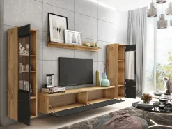 Conjunto de sala com LED 4 elementos – móvel de TV 180 cm, 2 vitrinas e prateleira, de chão ou suspenso, corpo carvalho Wotan, frentes preto brilho