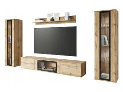 Conjunto de sala moderno com LED mate 2 vitrinas e móvel de TV 180 cm carvalho wotan