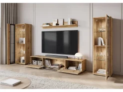 Conjunto de sala moderno com LED mate 2 vitrinas e móvel de TV 180 cm carvalho wotan