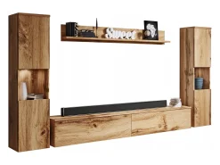 Conjunto de sala moderno 4 peças com LED, mate, 2 colunas, móvel TV 180 cm e prateleira carvalho wotan