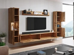 Conjunto de sala moderno 4 peças com LED, mate, 2 colunas, móvel TV 180 cm e prateleira carvalho wotan