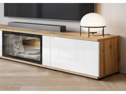 Conjunto de sala moderno com LED 2 vitrinas e móvel de TV 180 cm corpo carvalho wotan frentes branco brilho