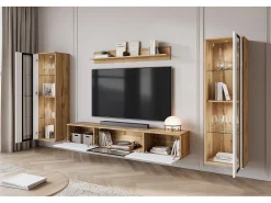 Conjunto de sala moderno com LED 2 vitrinas e móvel de TV 180 cm corpo carvalho wotan frentes branco brilho