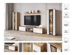 Conjunto de sala moderno com LED 2 vitrinas e móvel de TV 180 cm corpo carvalho wotan frentes branco brilho