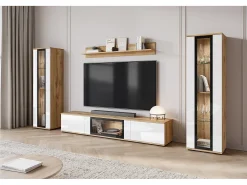 Conjunto de sala moderno com LED 2 vitrinas e móvel de TV 180 cm corpo carvalho wotan frentes branco brilho