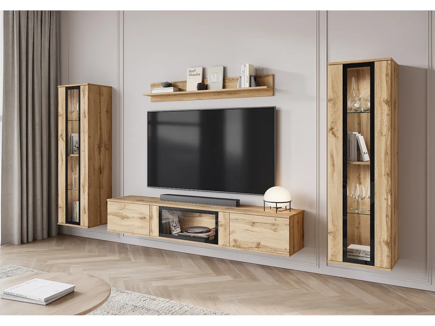 Conjunto de sala moderno – acabamento mate, 2 vitrinas e móvel de TV 180 cm carvalho Wotan