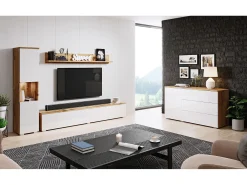 Conjunto de sala moderno 3 peças com LED, frentes brilhantes, coluna e móvel TV 180 cm corpo carvalho wotan, frentes branco brilho