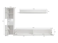 Conjunto de sala moderno 3 peças com LED, frentes brilhantes, coluna e móvel TV 180 cm corpo carvalho wotan, frentes branco brilho