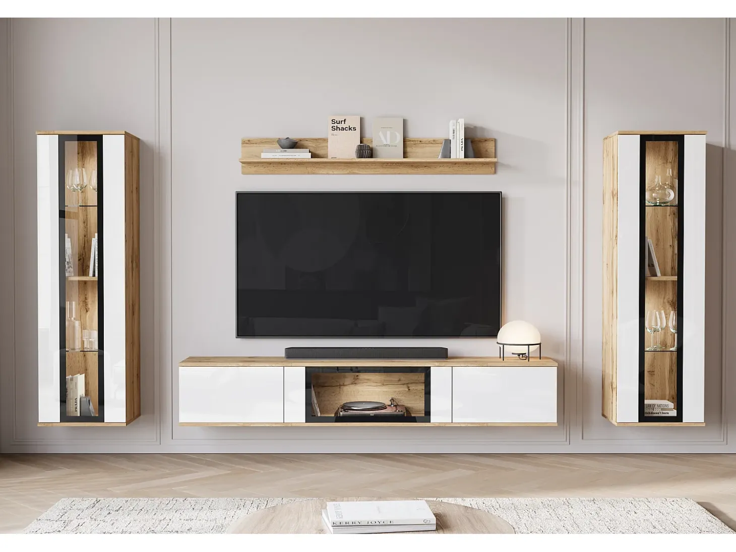Conjunto de sala moderno – 2 vitrinas e móvel de TV 180 cm, corpo carvalho Wotan mate frentes branco brilho