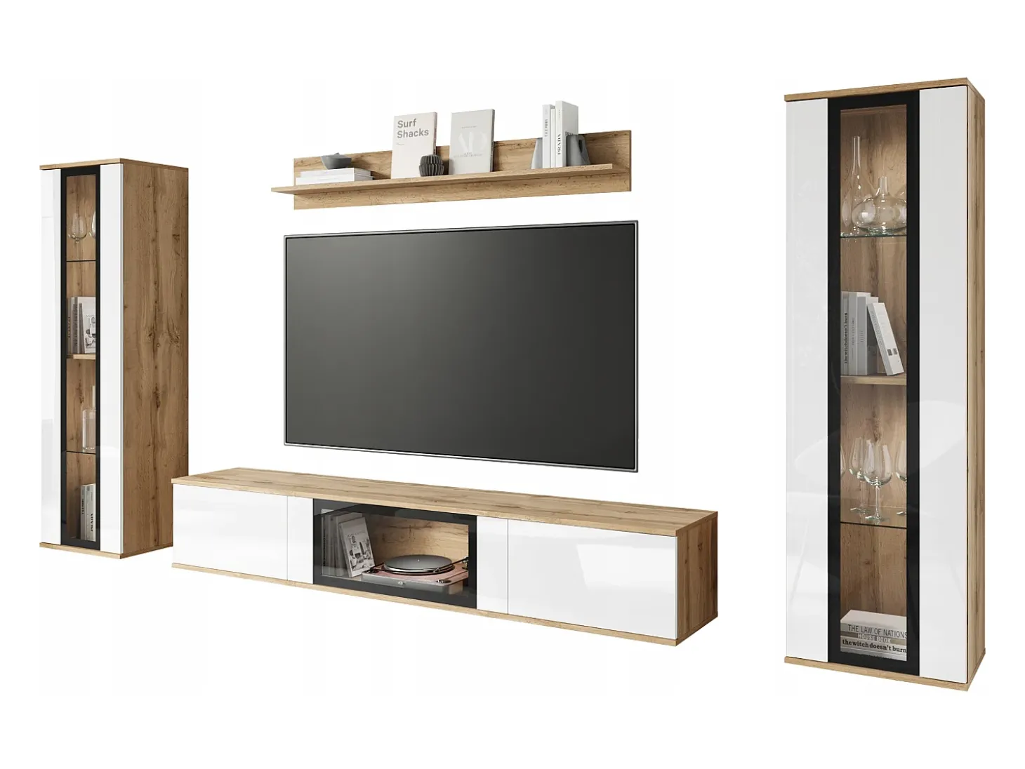 Conjunto de sala moderno – 2 vitrinas e móvel de TV 180 cm, corpo carvalho Wotan mate frentes branco brilho
