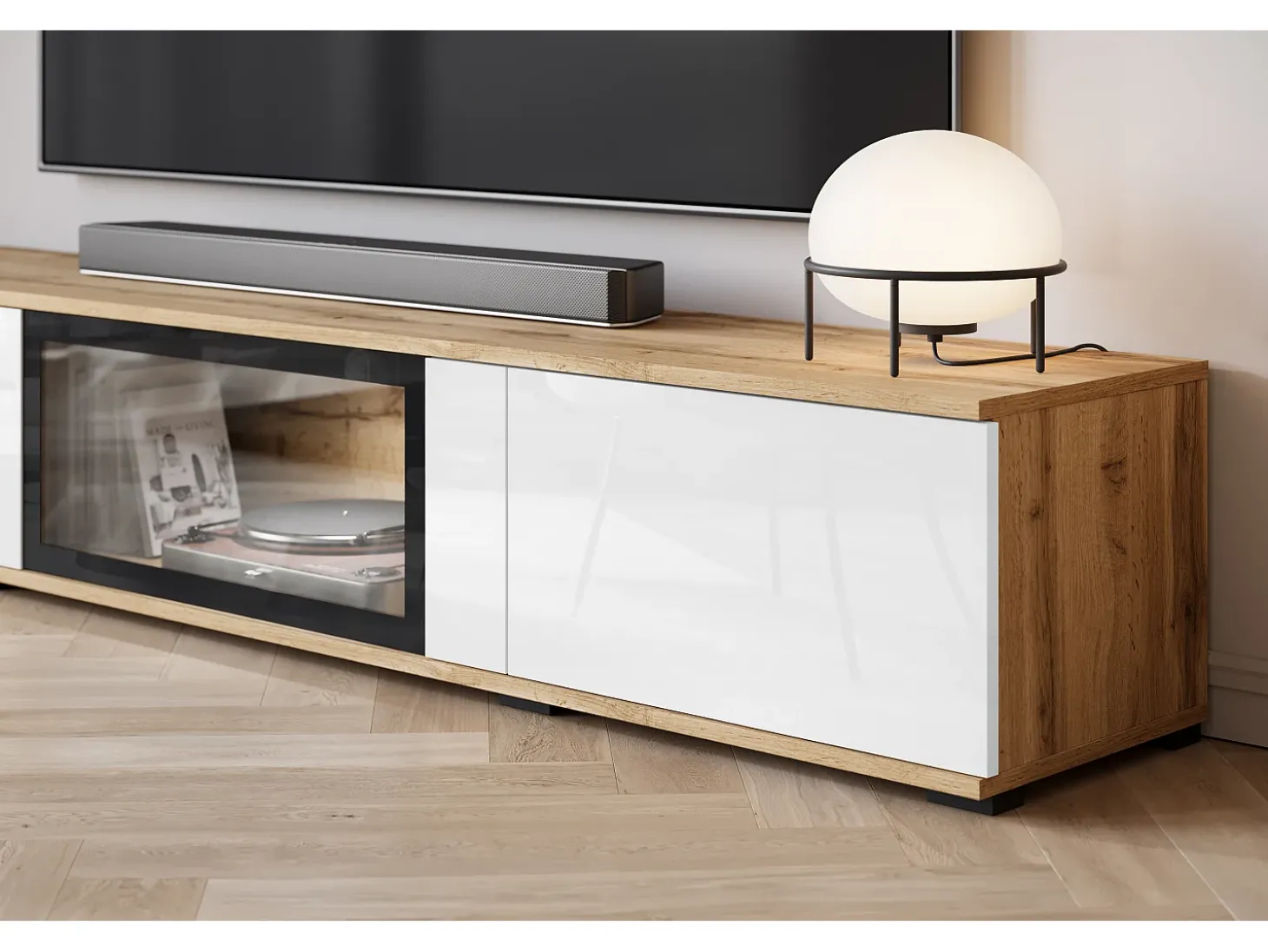 Conjunto de sala moderno – 2 vitrinas e móvel de TV 180 cm, corpo carvalho Wotan mate frentes branco brilho