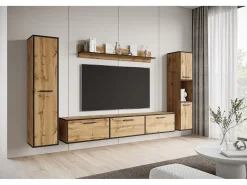 Conjunto de sala moderno – conjunto suspenso e de chão, móvel TV 180 cm, 2 colunas, prateleira, carvalho Wotan, borda preta mate
