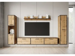 Conjunto de sala moderno – conjunto suspenso e de chão, móvel TV 180 cm, 2 colunas, prateleira, carvalho Wotan, borda preta mate